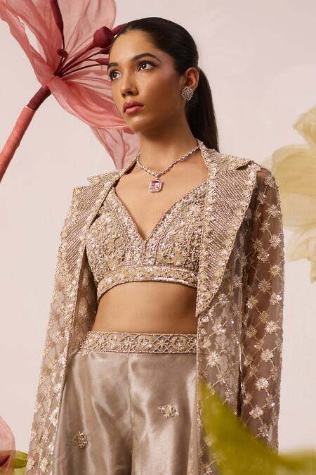 Roqa_Beige Net, Organza Embroidery, Sequins, Snowdrop Haze Long Jacket Sharara Set _Online_at_Aza_Fashions