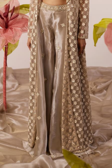 Buy_Roqa_Beige Net, Organza Embroidery, Sequins, Snowdrop Haze Long Jacket Sharara Set _Online_at_Aza_Fashions