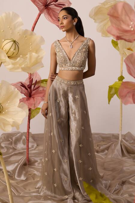 Roqa_Beige Net, Organza Embroidery, Sequins, Snowdrop Haze Long Jacket Sharara Set _at_Aza_Fashions