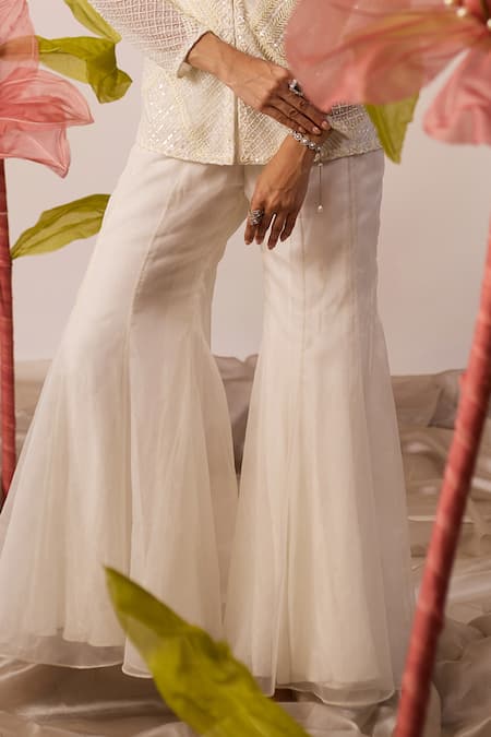 Buy_Roqa_White Net, Organza Sequins, Pearls Verbena Embroidered Jacket With Sharara Pant _Online_at_Aza_Fashions