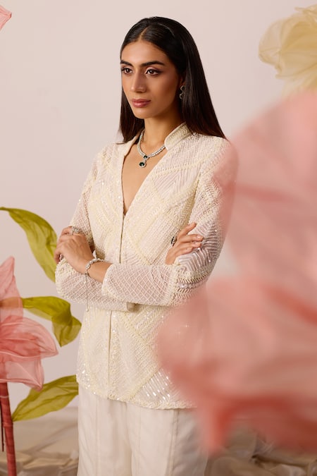 Shop_Roqa_White Net, Organza Sequins, Pearls Verbena Embroidered Jacket With Sharara Pant _Online_at_Aza_Fashions