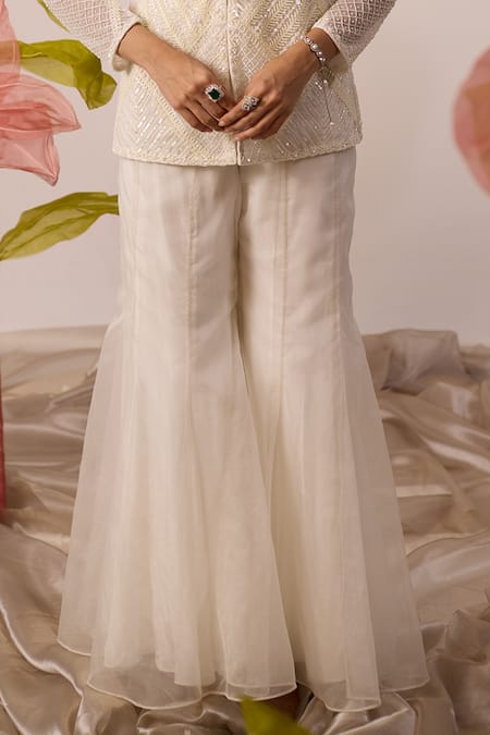 Roqa_White Net, Organza Sequins, Pearls Verbena Embroidered Jacket With Sharara Pant _at_Aza_Fashions