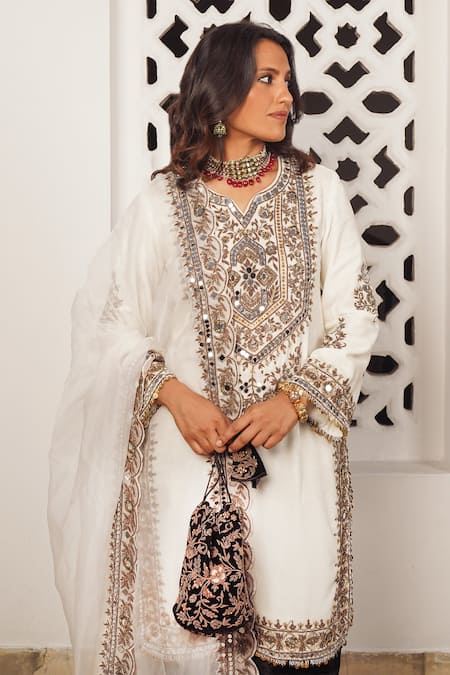 Mayyur Girotra Couture Mirror Floral Embroidered Kurta Pajama Pant Set 