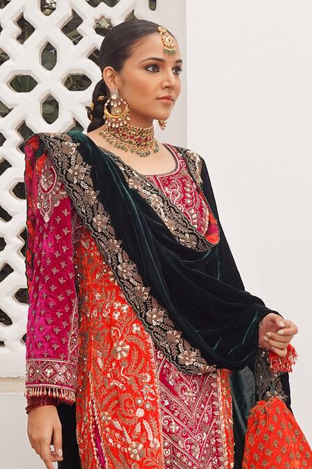 Mayyur Girotra Couture Orange Silk Embroidery Zardozi Round Neck Two Tone Kurta Pajama Pant Set Online at Aza Fashions Mayyur Girotra Couture_Orange Silk Embroidery Zardozi Round Neck Two Tone Kurta Pajama Pant Set _Online_at_Aza_Fashions