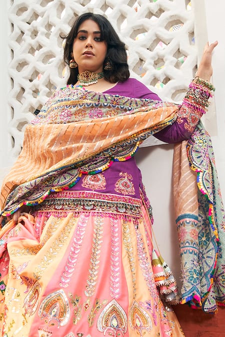 Mayyur Girotra Couture Silk Geometric Motif Embroidered Bridal Lehenga Set 