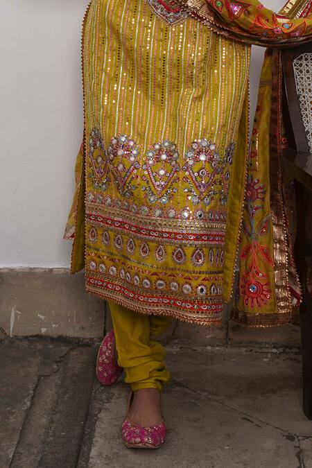 Mayyur Girotra Couture_Yellow Silk Sequins, Embroidery Round Neck Kurta Pant Set _Online_at_Aza_Fashions