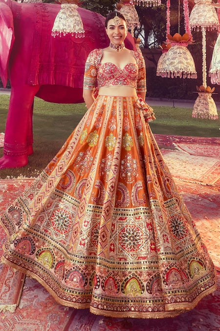 Mayyur Girotra Couture Orange Silk Embroidery Floral And Peacock Motif Lehenga With Blouse 