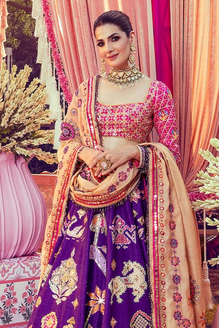 Mayyur Girotra Couture Silk Geometric Floral Embroidered Bridal Lehenga Set 