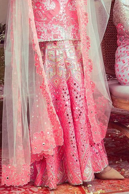 Mayyur Girotra Couture Ivory Georgette, Net Mirrors, Embroidery High Neck Geometric Kurta Sharara Set Online at Aza Fashions Mayyur Girotra Couture_Ivory Georgette, Net Mirrors, Embroidery High Neck Geometric Kurta Sharara Set _Online_at_Aza_Fashions