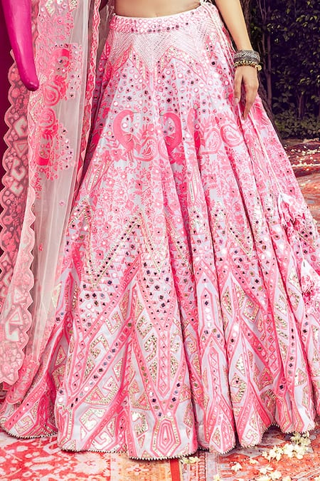 Mayyur Girotra Couture_Pink Lehenga And Blouse Peacock Thread Embroidered Bridal Set  _Online_at_Aza_Fashions