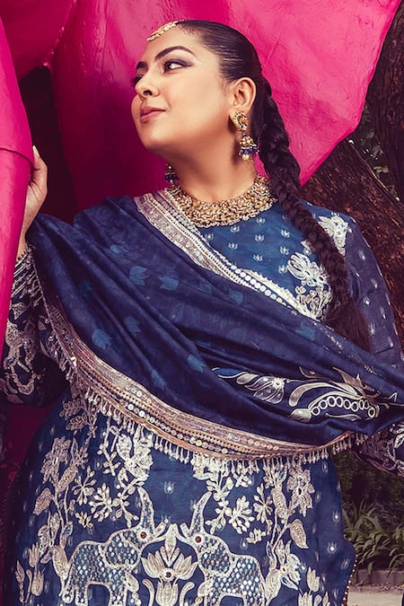 Mayyur Girotra Couture Chanderi Lotus Thread Embroidered Kurta Sharara Set 