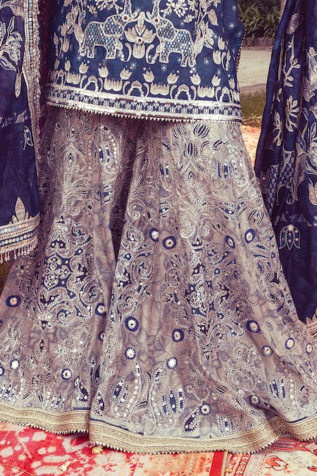 Mayyur Girotra Couture_Blue Chanderi Embroidery, Beads, Sequins Round Lotus Thread Kurta Sharara Set _Online_at_Aza_Fashions