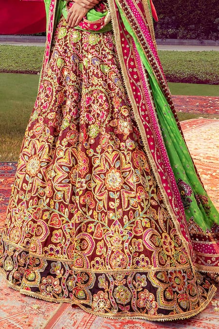Mayyur Girotra Couture_Wine Silk Sequins, Lace Sweetheart Neck Floral Bridal Lehenga Set _Online_at_Aza_Fashions