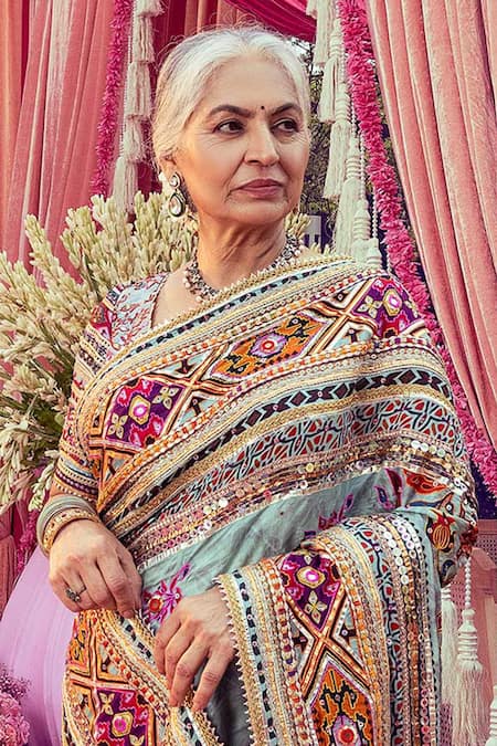 Mayyur Girotra Couture Silk Floral Geometric Border Saree With Blouse 