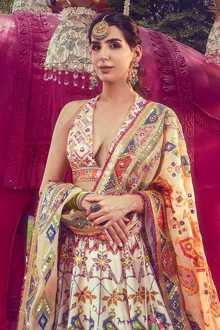 Mayyur Girotra Couture_Ivory Silk, Chanderi Sequins, Embellished Floral Pattern Bridal Lehenga Set _Online_at_Aza_Fashions