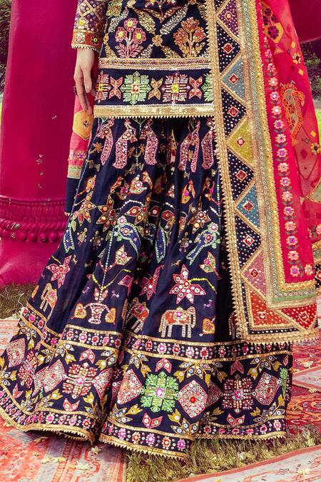 Mayyur Girotra Couture_Blue Chanderi Sequins, Beads, Embroidery Round Floral Vine Kurta Sharara Set _Online_at_Aza_Fashions