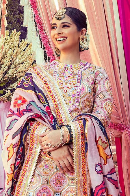 Mayyur Girotra Couture Chanderi Floral Honeycomb Embroidered Kurta Gharara Set 