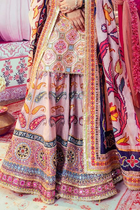 Mayyur Girotra Couture_Pink Chanderi Sequins, Lace, Mirrors, Floral Honeycomb Kurta Gharara Set _Online_at_Aza_Fashions