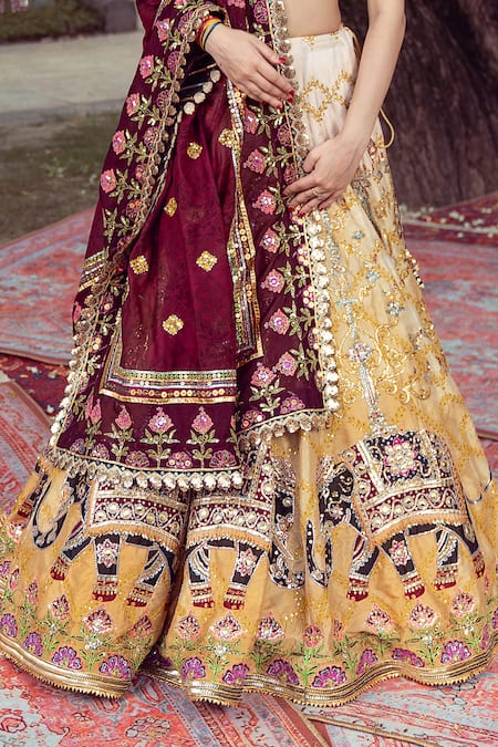 Mayyur Girotra Couture Yellow Silk, Chanderi Sequins, Floral Jaal Pattern Ombre Bridal Lehenga Set Online at Aza Fashions Mayyur Girotra Couture_Yellow Silk, Chanderi Sequins, Floral Jaal Pattern Ombre Bridal Lehenga Set _Online_at_Aza_Fashions