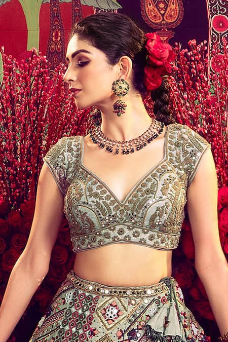 Mayyur Girotra Couture Floral Stripe Thread Embroidered Bridal Lehenga With Blouse 