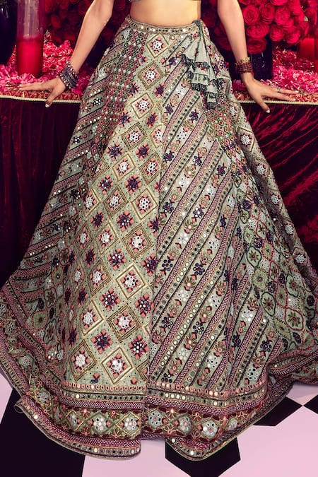 Mayyur Girotra Couture_Green Raw Floral Stripe Thread Embroidered Bridal Lehenga With Blouse  _Online_at_Aza_Fashions