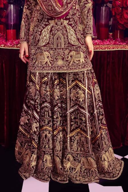Mayyur Girotra Couture_Wine Velvet, Net Sequins, Lace Floral Swirl Thread Embroidered Kurta Sharara Set _Online_at_Aza_Fashions