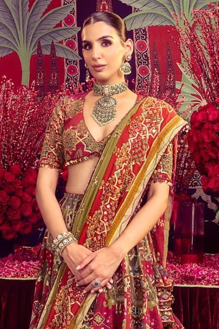 Mayyur Girotra Couture Silk Geometric Pattern Bridal Lehenga Set 