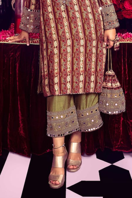 Mayyur Girotra Couture_Brown Silk Zari, Mirrors Round Neck Zardozi Embroidered Kurta With Pant _Online_at_Aza_Fashions