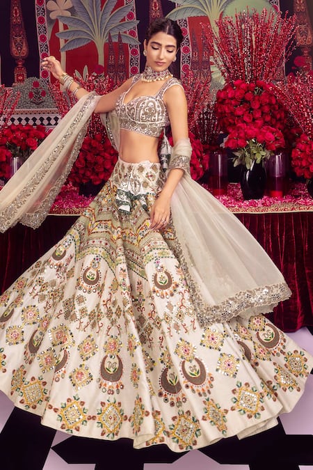 Mayyur Girotra Couture Ivory Raw Silk Embellished Floral Tread Embroidered Bridal Lehenga Set 