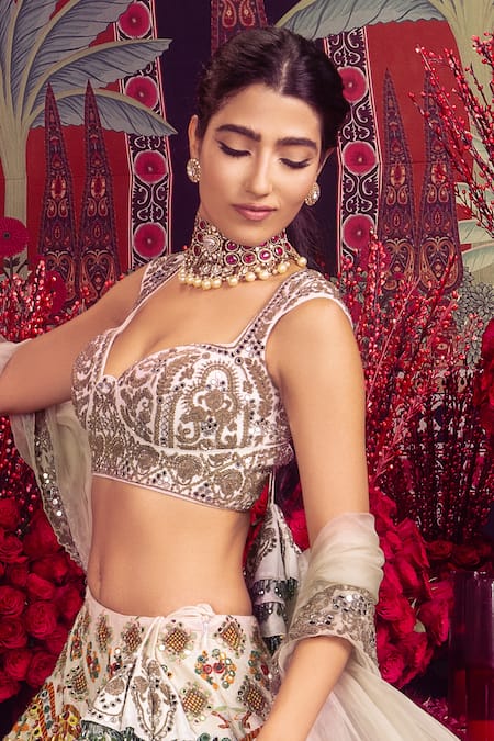 Mayyur Girotra Couture Floral Tread Embroidered Bridal Lehenga Set 