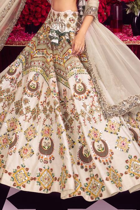 Mayyur Girotra Couture Ivory Silk, Organza Mirrors, Embroidery, Beads, Floral Tread Bridal Lehenga Set Online at Aza Fashions Mayyur Girotra Couture_Ivory Silk, Organza Mirrors, Embroidery, Beads, Floral Tread Bridal Lehenga Set _Online_at_Aza_Fashions