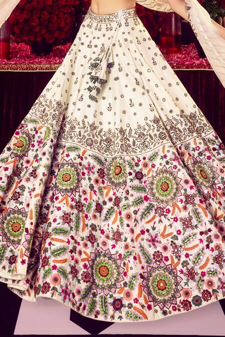 Mayyur Girotra Couture_Ivory Silk, Organza Gota Patti, Zardozi Floral Embroidered Bridal Lehenga Set _Online_at_Aza_Fashions