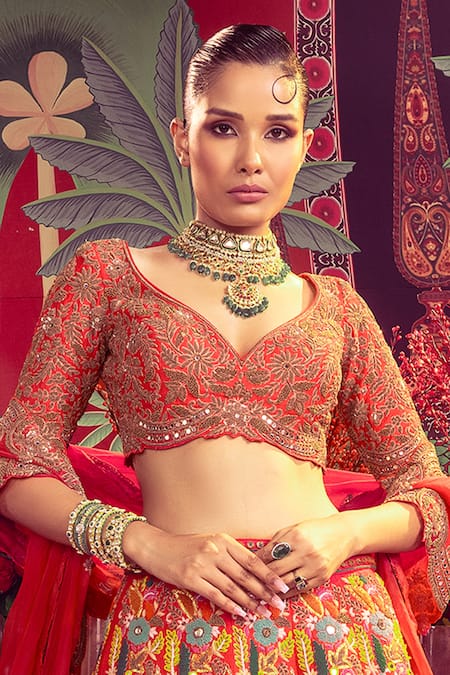 Mayyur Girotra Couture Floral Blossom Mirrorwork Embroidered Bridal Lehenga Set 