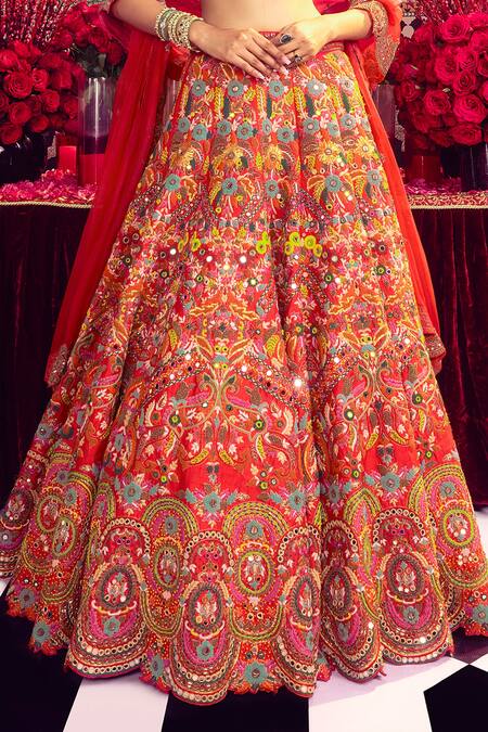 Mayyur Girotra Couture_Red Silk, Organza Beads, Zari, Floral Blossom Mirrorwork Bridal Lehenga Set _Online_at_Aza_Fashions