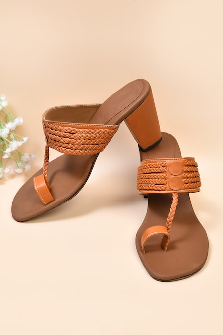 Nayaab by Aleezeh Brown Braided Strap Kolhapuri Block Heels