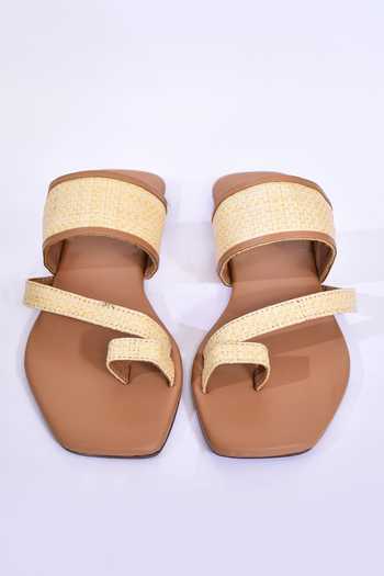 Nayaab By Aleezeh_Brown Textured Strap Flats_Online_at_Aza_Fashions