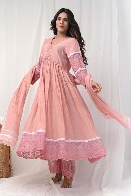 Buy_Gulabik Jaipur_Peach Handloom Cotton, Chanderi Embroidery, Floral Embellished Anarkali Set _Online_at_Aza_Fashions