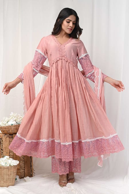 Shop_Gulabik Jaipur_Peach Handloom Cotton, Chanderi Embroidery, Floral Embellished Anarkali Set _Online_at_Aza_Fashions