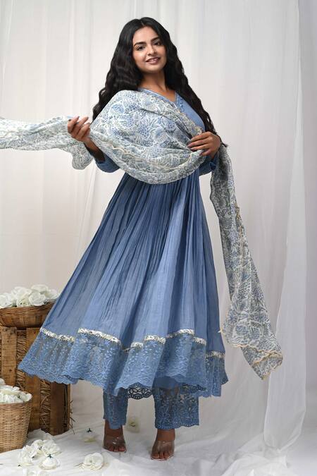 Buy Gulabik Jaipur Blue Handloom Cotton, Chanderi Embroidery, Lace V-neck Floral Anarkali Set Online at Aza Fashions Buy_Gulabik Jaipur_Blue Handloom Cotton, Chanderi Embroidery, Lace V-neck Floral Anarkali Set_Online_at_Aza_Fashions