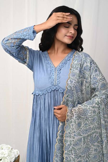 Shop Gulabik Jaipur Blue Handloom Cotton, Chanderi Embroidery, Lace V-neck Floral Anarkali Set Online at Aza Fashions Shop_Gulabik Jaipur_Blue Handloom Cotton, Chanderi Embroidery, Lace V-neck Floral Anarkali Set_Online_at_Aza_Fashions