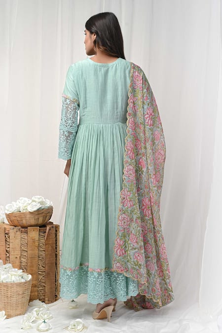 Gulabik Jaipur Green Chanderi Embroidery V-neck Bloom Lace Embellished Aliya Cut Anarkali Set Online at Aza Fashions Gulabik Jaipur_Green Chanderi Embroidery V-neck Bloom Lace Embellished Aliya Cut Anarkali Set _Online_at_Aza_Fashions