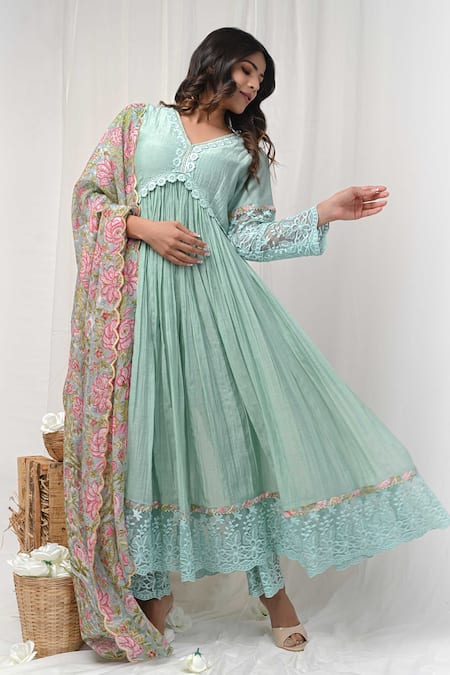Buy Gulabik Jaipur Green Chanderi Embroidery V-neck Bloom Lace Embellished Aliya Cut Anarkali Set Online at Aza Fashions Buy_Gulabik Jaipur_Green Chanderi Embroidery V-neck Bloom Lace Embellished Aliya Cut Anarkali Set _Online_at_Aza_Fashions