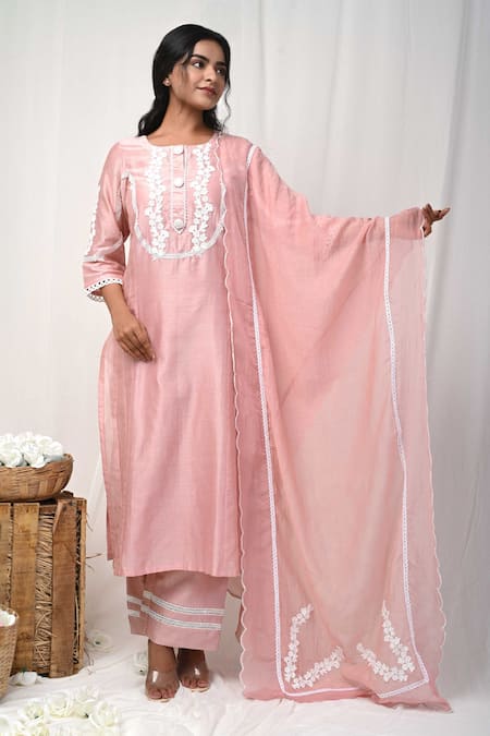 Shop_Gulabik Jaipur_Peach Chanderi Lace, Embroidery Round Neck Florid Embellished Kurta Pant Set _Online_at_Aza_Fashions