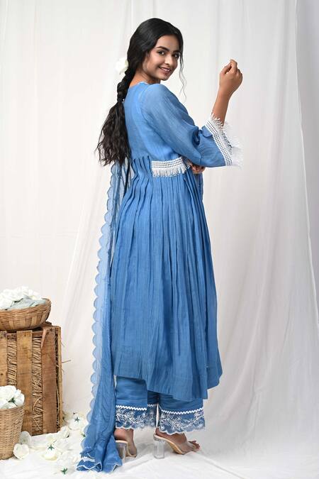 Shop Gulabik Jaipur Blue Chanderi, Cotton Lace, Embroidery Round Neck Jaal Embellished Anarkali Set at Aza Fashions Shop_Gulabik Jaipur_Blue Chanderi, Cotton Lace, Embroidery Round Neck Jaal Embellished Anarkali Set_at_Aza_Fashions