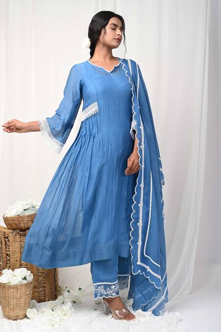 Gulabik Jaipur Blue Chanderi, Cotton Lace, Embroidery Round Neck Jaal Embellished Anarkali Set Online at Aza Fashions Gulabik Jaipur_Blue Chanderi, Cotton Lace, Embroidery Round Neck Jaal Embellished Anarkali Set_Online_at_Aza_Fashions