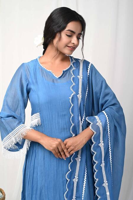 Buy Gulabik Jaipur Blue Chanderi, Cotton Lace, Embroidery Round Neck Jaal Embellished Anarkali Set Online at Aza Fashions Buy_Gulabik Jaipur_Blue Chanderi, Cotton Lace, Embroidery Round Neck Jaal Embellished Anarkali Set_Online_at_Aza_Fashions