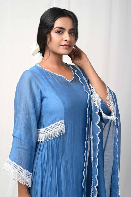 Shop Gulabik Jaipur Blue Chanderi, Cotton Lace, Embroidery Round Neck Jaal Embellished Anarkali Set Online at Aza Fashions Shop_Gulabik Jaipur_Blue Chanderi, Cotton Lace, Embroidery Round Neck Jaal Embellished Anarkali Set_Online_at_Aza_Fashions
