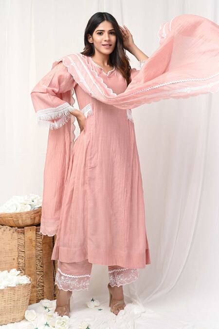 Gulabik Jaipur_Peach Handloom Cotton, Chanderi Lace, Tassel Jaal Embellished Anarkali Set_Online_at_Aza_Fashions