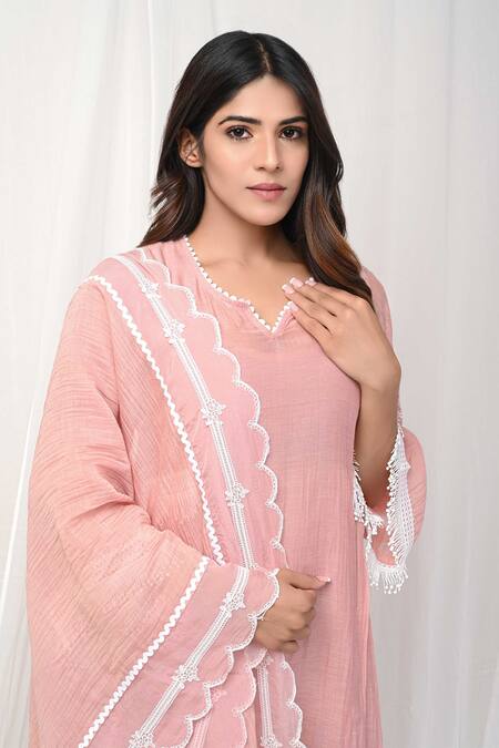 Shop_Gulabik Jaipur_Peach Handloom Cotton, Chanderi Lace, Tassel Jaal Embellished Anarkali Set_Online_at_Aza_Fashions