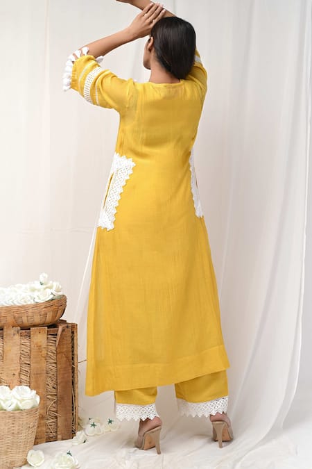 Gulabik Jaipur_Yellow Handloom Cotton, Chanderi Persian Blossom Embellished Kurta Pant Set _Online_at_Aza_Fashions